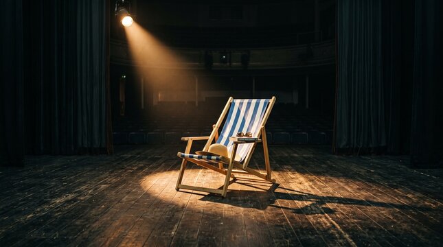 Striped deck chair on a dark theater stage under a single dramatic spotlight beam