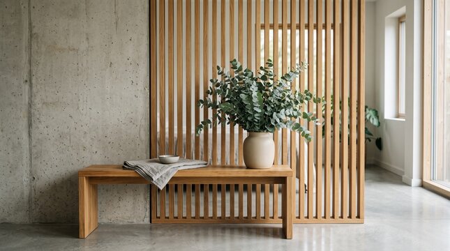 Modern wooden bench with white linens and eucalyptus bouquet in minimalist loft interior
