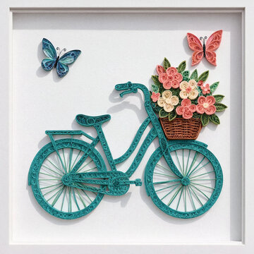 Paper quilling bicycle art with flower basket and butterflies in white shadow box frame mockup