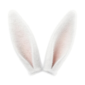 Pair of soft white fuzzy rabbit ears with pink inner details for easter costumes and holiday themed decorations isolated on a transparent background