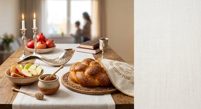 Rosh Hashanah background with space for text, traditional apples, honey, pomegranate, challah and shofar on wooden table