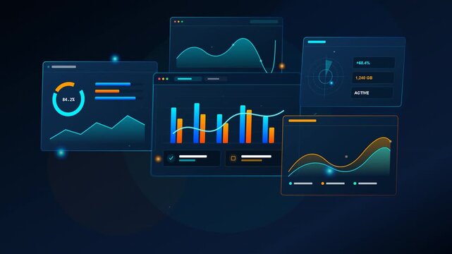 Digital data dashboard interface with financial charts and business analytics graphs on dark screen