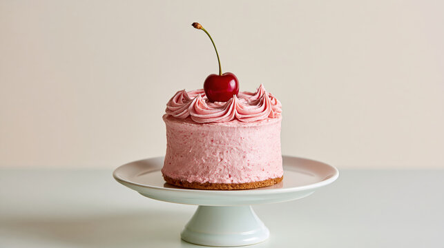 Small pink cake with cherry on white pedestal plate minimal background
