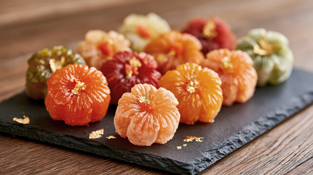 Handcrafted colorful dessert shaped like peeled citrus fruit with gold leaf