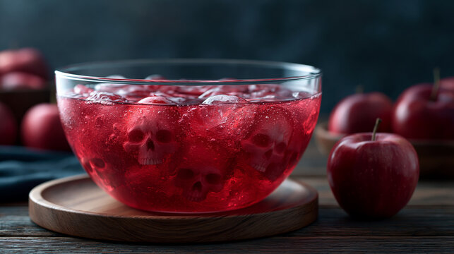 Clear Glass Bowl with Red Liquid and Ice Cubes Shaped Like Skulls on Wood Tray