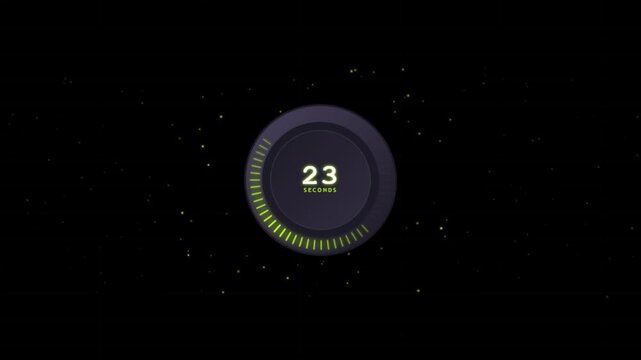 Minimalist Sixty Second Digital Countdown Clock with Glowing Yellow Particles on Dark Background