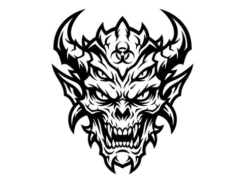 Demonic creature head, evil monster face, sharp teeth, horns, biohazard symbol