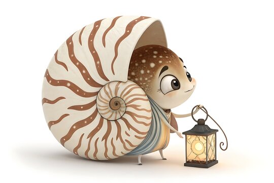 Cute cartoon snail with lantern shell pattern holding a light