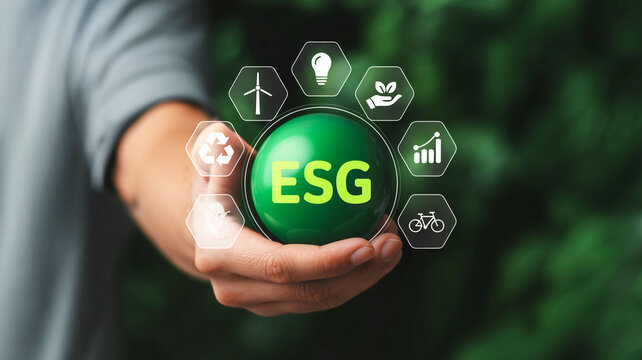 Professional corporate image featuring a hand holding a green ESG sphere surrounded by sustainability icons for environmental and social governance