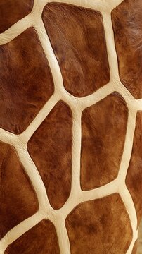 Close view of natural leather surface with traditional giraffe spot print pattern in warm brown and beige tones for animal inspired texture projects