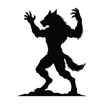 Scary black werewolf silhouette standing on two legs, mythical creature vector illustration.
