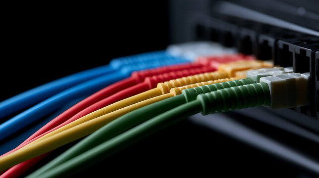 Network cables plugged into ports on a server switch router device, showing vibrant colorful ethernet connections for data center IT system