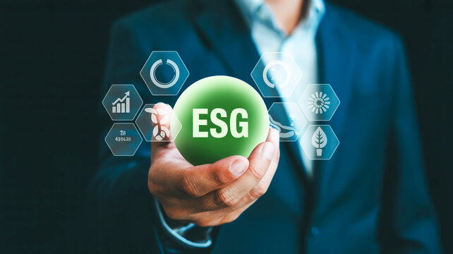 ESG - Environmental, Social, and Governance. A professional corporate image showcasing sustainability and corporate responsibility with icons