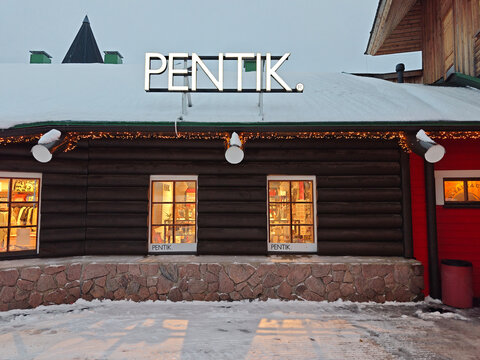 Rovaniemi, Finland-Dec.3rd 2025: PENTIK retail store exterior with store sign in Santa Claus Village