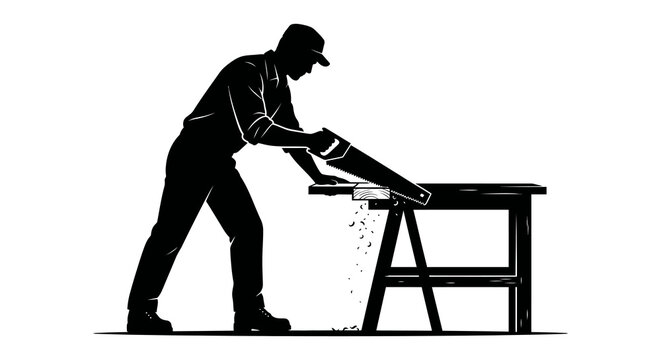 Carpenter sawing wood black silhouette against a white background