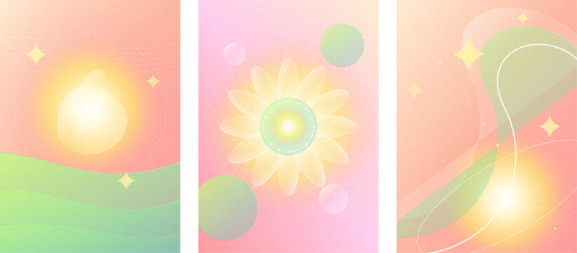 Abstract pink and green three panel vertical background featuring a glowing sun and floral mandala shape abstract vertical background triptych gradient illustration backdrop template ornament