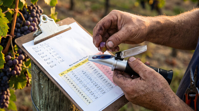 Winemaker Squeezing Grape Juice Onto Optical Refractometer Beside Clipboard With Printed Brix Wine Chart During Autumn Harvest in Sunny Vineyard