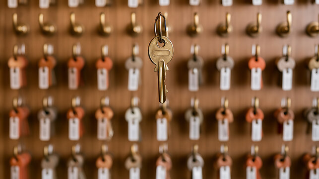 A single brass key hang on a metal hook in front of a wooden board full of organized hotel room keys with tags for security and access