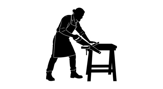 Carpenter sawing wood black silhouette against a white background