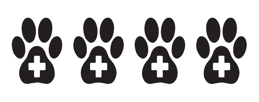 Four black animal paw prints with medical cross emblems on transparent background for vet business.