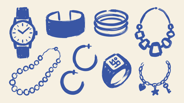 Hand drawn jewelry and fashion accessories vector icon set with watch necklace bracelet earrings and ring in blue brush stroke style