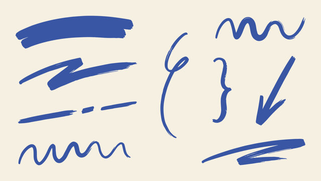 Blue hand drawn brush strokes vector set with arrows wavy lines and underlines for graphic design elements