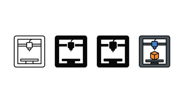 Set of four icons representing 3d printer machine styles with variations of outline silhouette and flat color design