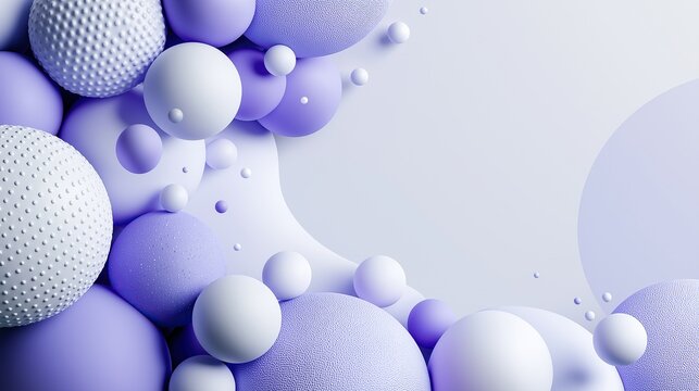 Clustered overlapping purple and white spheres in different sizes with mixed smooth and dotted textures arranged on left upper side of plain light background for modern 3d abstract design