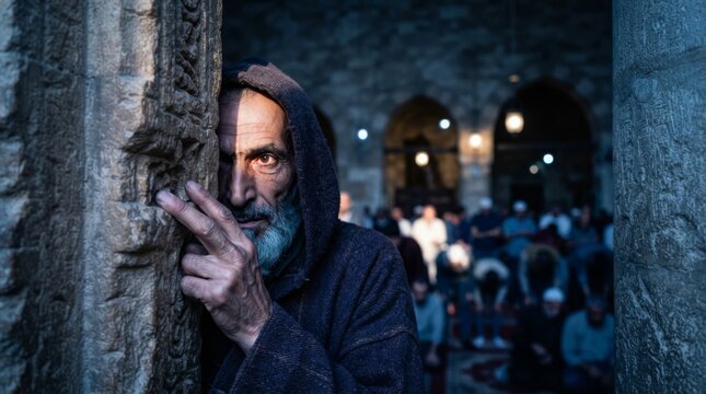 Mature man hiding behind stone pillar in ancient church and peeking at crowd. Fear and anxiety concept. Historical biblical scene with spy or betrayal theme.