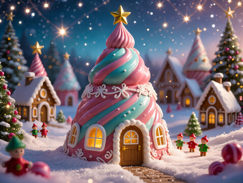 Magical Gingerbread House Village in Snowy Winter Landscape Illustration