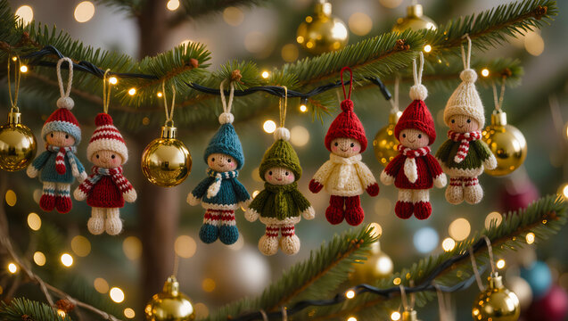 Knitted Elf Ornaments Hanging on Christmas Tree