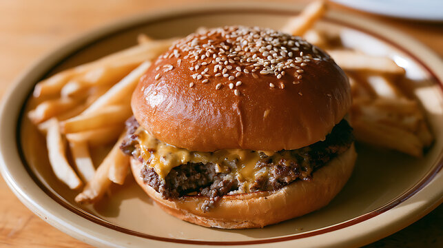 A delicious juicy cheeseburger with melted cheddar cheese, beef patty and sesame seed bun served alongside crispy golden potato french fries