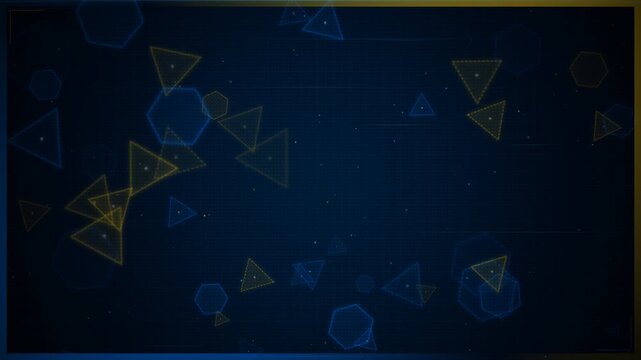 Glowing yellow triangles and blue hexagons floating on dark digital grid, perfect for tech intros, futuristic graphics and sci-fi background visuals