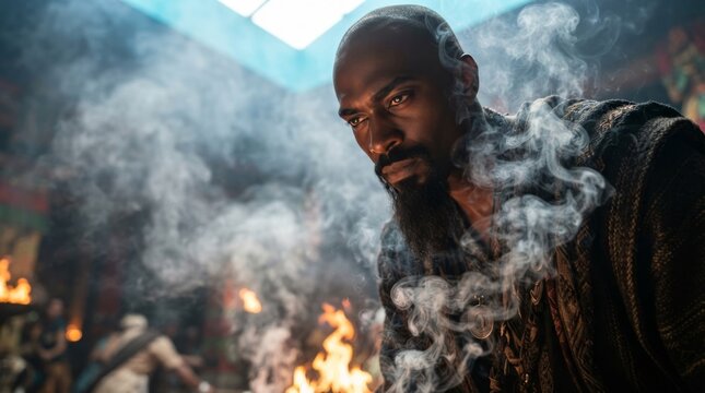 African american man praying near fire with smoke at night temple ceremony. Spiritual meditation and religious faith concept. Mindfulness and cultural ritual