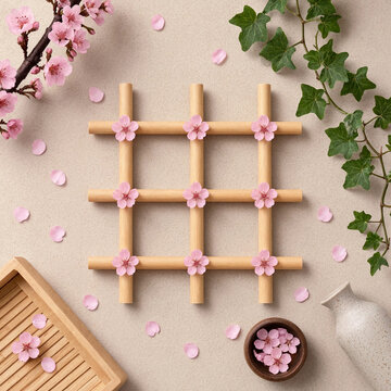 Pink cherry blossoms on bamboo grid lattice flatly mockup with ivy leaves and sake bottle on beige background