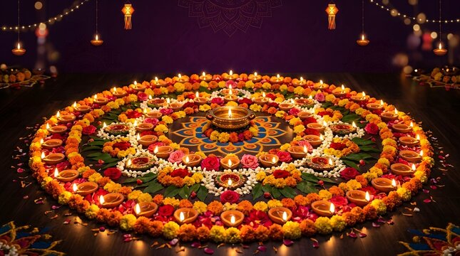 Vibrant floral mandala with candles at night for spiritual meditation and wellness rituals.