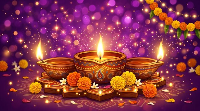 Golden floating lantern boat with lit candles and marigolds for festival celebration.