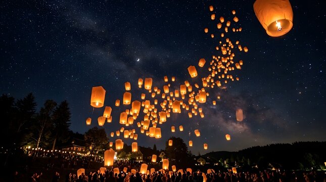Night sky lantern festival with glowing paper lights rising under full moon and stars.