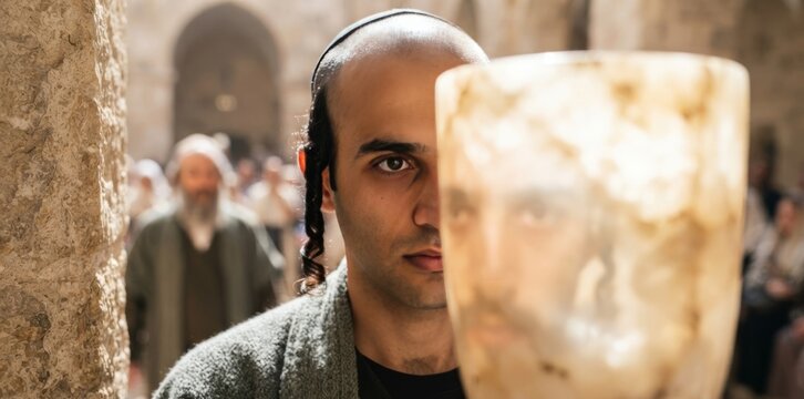 Young orthodox jewish man with traditional sidelock near stone pillar in synagogue. Religious identity and judaism faith concept. Spiritual tradition and cultural heritage