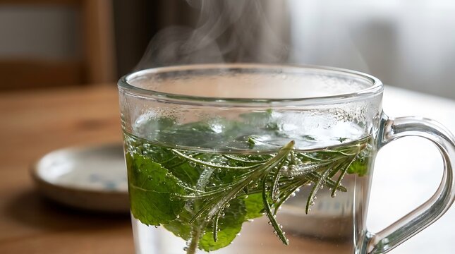 A clear glass mug filled with hot herbal tea and fresh green mint leaves on a wooden kitchen table. herb infusion demo