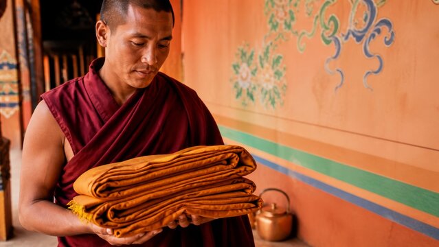Monk in traditional robes holding folded yellow fabric, standing by a painted temple wall with floral patterns, reflecting on spiritual life