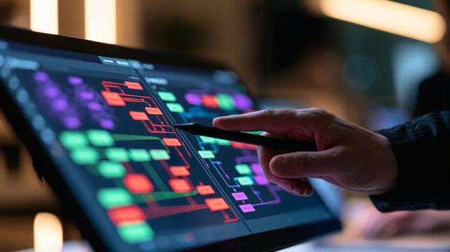 Analyzing Data Interface: A close-up shot of a hand using a stylus to interact with a complex digital interface displaying charts, graphs, and flow diagrams.
