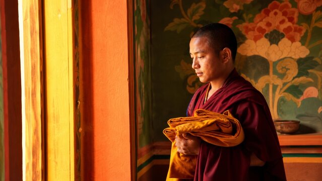 Monk in traditional robes holding folded yellow fabric, standing by a painted temple wall with floral patterns, reflecting on spiritual life
