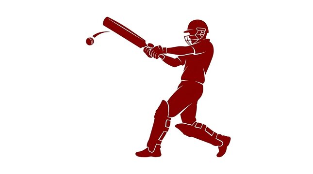 Cricket batsman hitting a ball, professional sports player silhouette in red vector style.