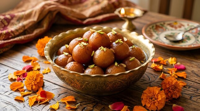 Traditional Indian Gulab Jamun Sweets in Ornate Bowl with Marigold Flowers and Diya.