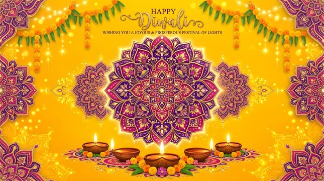 Vibrant floral mandala with ornate golden border for festive Hindu celebration design elements.
