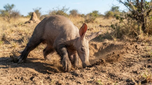 Aardvark Digging in Arid Landscape: An aardvark with its characteristic snout and long ears is captured in action, digging into the dry earth of an arid savanna.