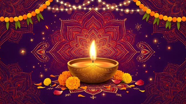 Floating diya lamp with marigold flowers in vibrant Hindu festival celebration at night.