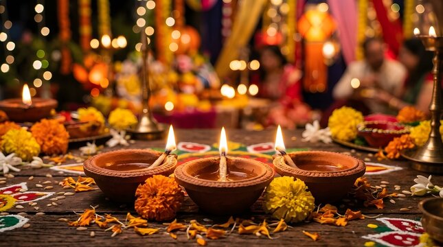 Diwali festival oil lamps and marigold flowers on decorative rangoli pattern at night.