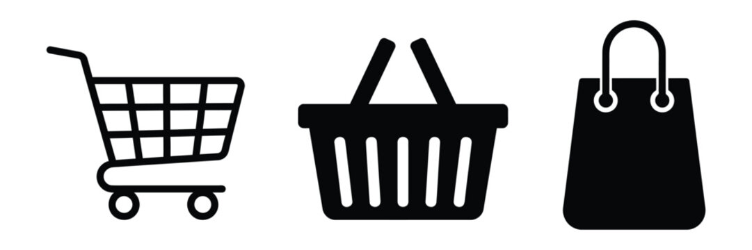Retail shopping icons featuring cart basket and bag in vector style shopping supermarket purchase